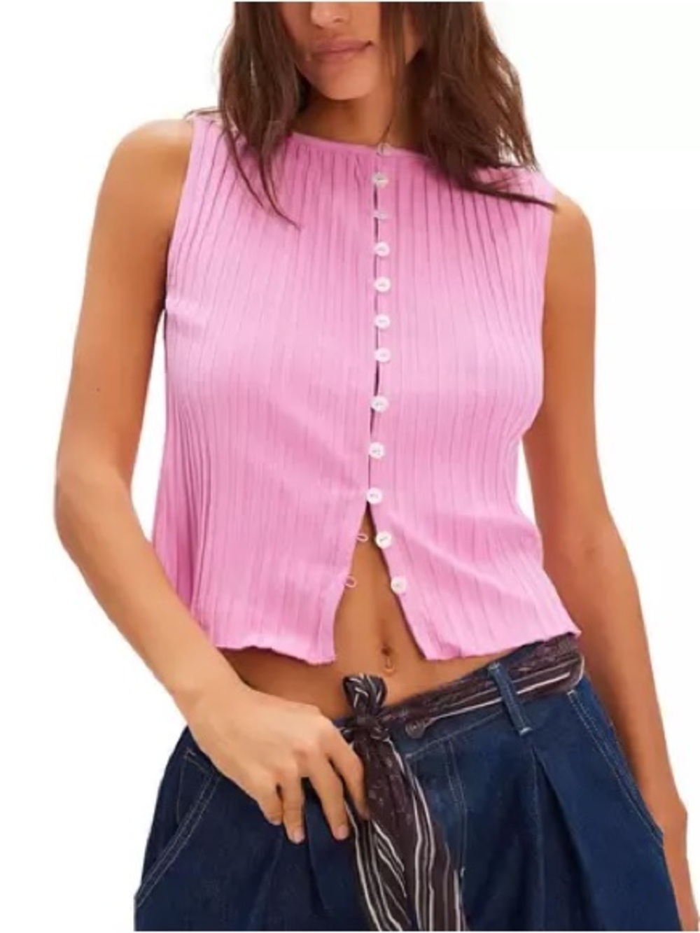 Free People Pink Ribbed Button-Front Cropped Tank